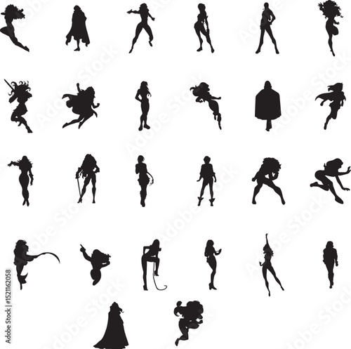 Collection of female superhero silhouettes in various dynamic poses showcasing strength and agility