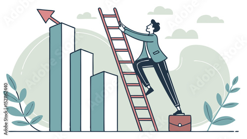 Illustration of a man climbing a ladder towards a bar graph with an upward pointing arrow at the top