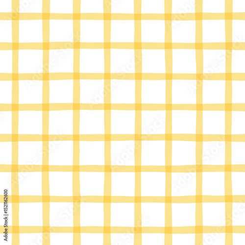 Hand-drawn yellow plaid seamless pattern in whimsical, aesthetic design, perfect for a cheerful and bright background for fabric, shirt, blanket, tablecloth, skirt, clothes, textile.