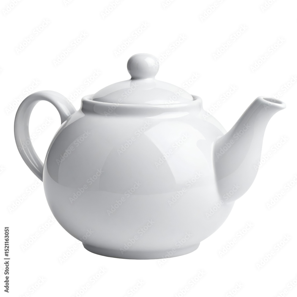 Obraz premium Classic white ceramic teapot with a rounded body, curved spout, and a handle, featuring a fitted lid with a knob.