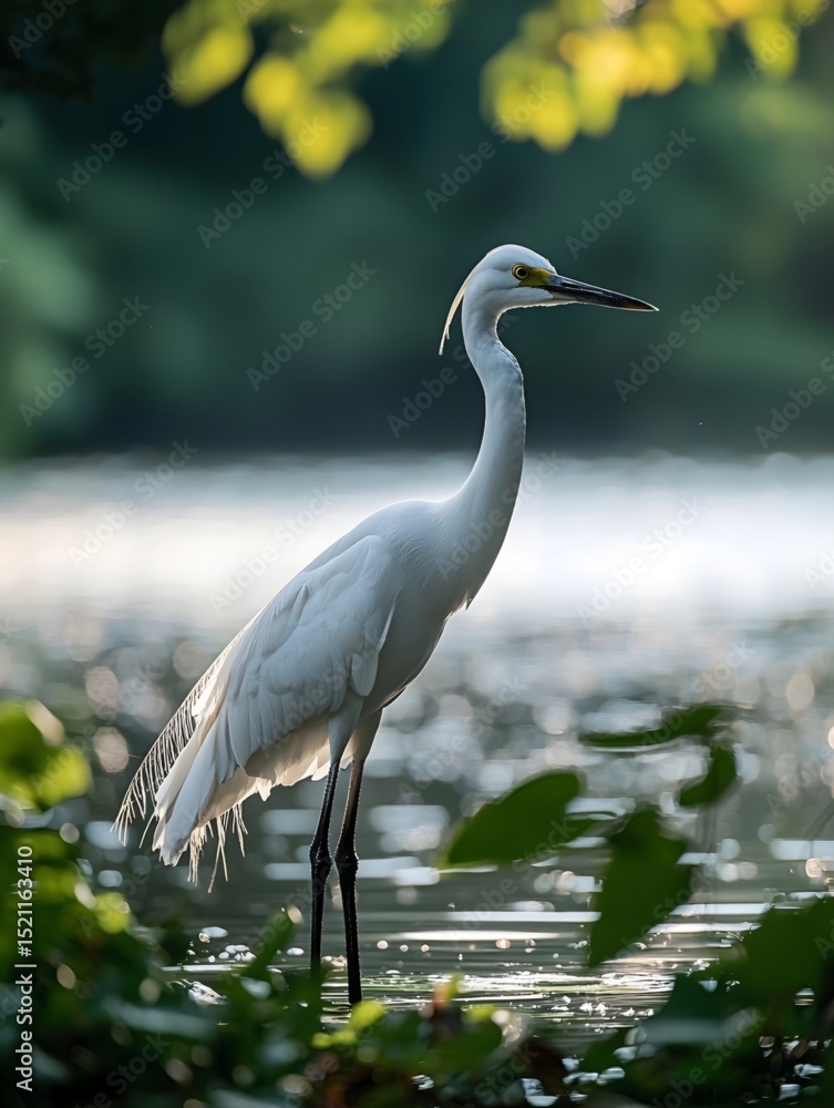 Naklejka premium A crane stands quietly by the lakeside, with a soft background creating a serene and peaceful scene