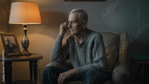 Elderly man sitting alone in armchair looking sad, concept of loneliness, depression, and memory loss in aging.