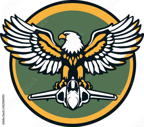 Eagle & Fighter Jet Emblem Featuring a Powerful Bald Eagle with Wings Spread Wide, Perched Atop a Stylized Jet Aircraft—Representing Military Strength, Aviation, and National Power