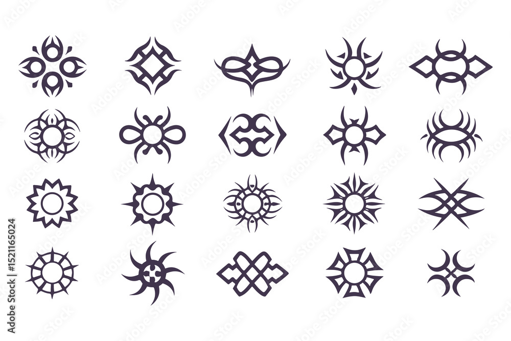 Set of Tribal Symbol Designs. Abstract Geometric and Nature-Inspired Icons for Tattoos, Logos, or Decorative Art Elements Vector Illustration Set of Tribal Symbol Designs. Abstract Geometric and Nature-Inspired Icons for Tattoos, Logos, or Decorative Art Elements Vector Illustration