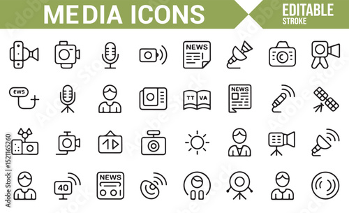 Set of Media Tools Icons Representing News, Camera, and Broadcasting Equipment
