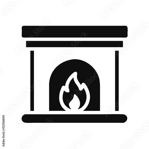Black fireplace icon with flame in flat style