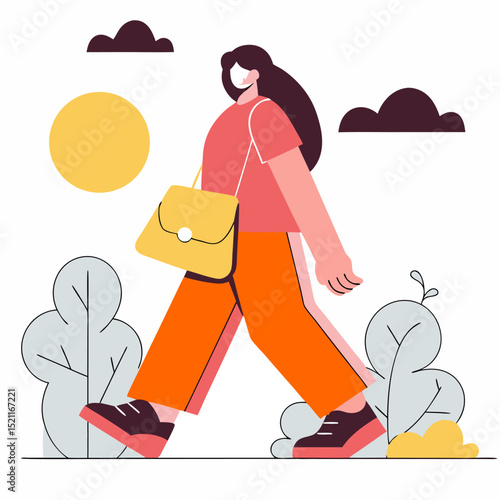 Woman Strolling Confidently Outdoors on a Sunny Day Illustration