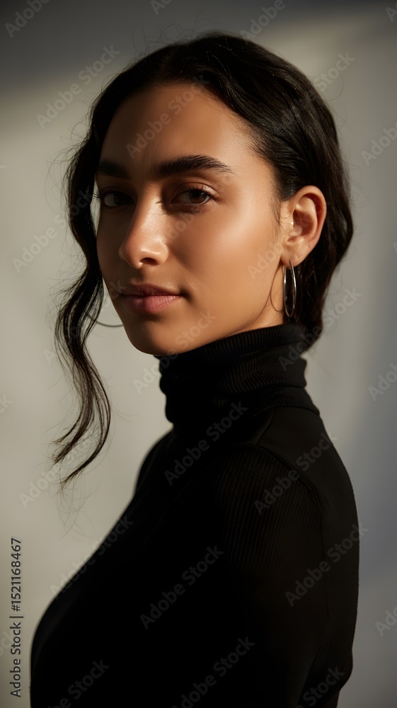 Fototapeta premium Intimate Portrait: A captivating young woman with long dark hair is captured in a striking portrait. Her poised expression and gentle gaze reveal a sense of calm confidence, accentuated by soft.
