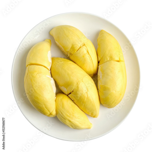 Fresh durian fruit on white plate, vibrant and tropical