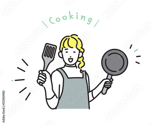 シンプル　イラスト　笑顔で料理をする女性 人物