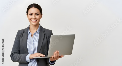 Smiling businesswoman holding laptop, confident professional woman, modern business, corporate portrait.