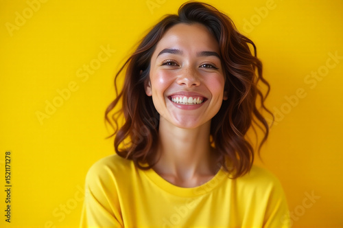 A smiling woman wearing a yellow shirt against a bright yellow background