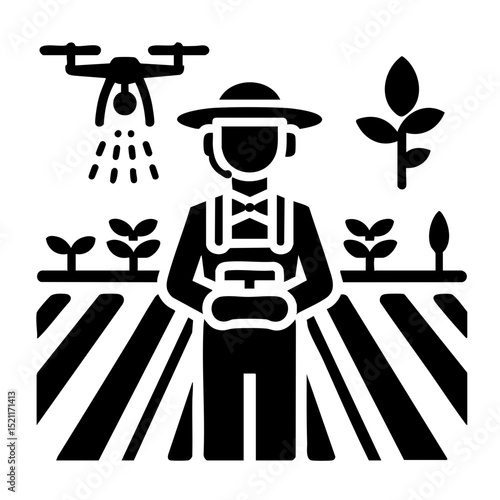 Farmer in field with drone technology in black and white representing modern agriculture