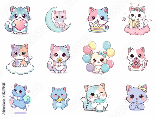Cute cartoon cats with various expressions and activities in pastel colors  