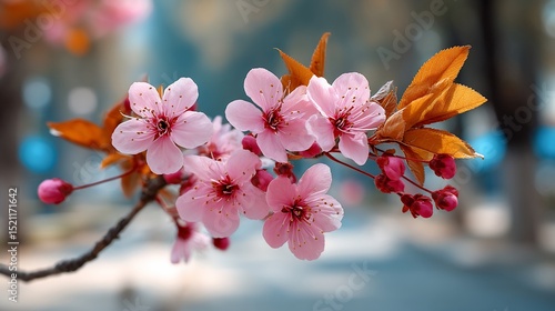 Pink blossoms and golden leaves on branch