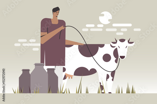 Illustration of a farmer and cow with milk cans in the outdoor