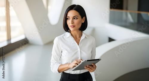 A confident professional woman holds a digital tablet, gazing thoughtfully into the distance. The indoor environment is contemporary and modern.
