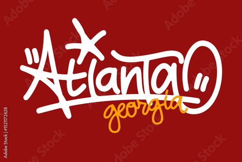 Graffiti tag of “Atlanta” in white with “Georgia” in yellow on a bold red background. Urban street art style combining high contrast colors, perfect for hip hop visuals and city culture design.