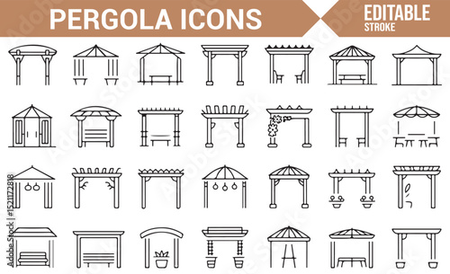 Icon Set Representing Pergolas, Arbors, and Outdoor Shelters for Gardens