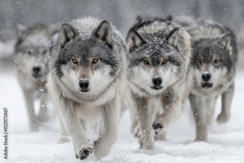 Majestic Wolves Running Through Snowy Forest Landscape in Winter Wilderness