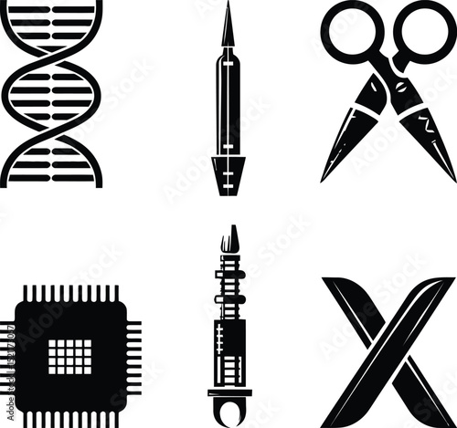 Set of Scientific and Industrial Silhouettes: DNA Helix, Soldering Iron, Scissors, Microchip, Shock Absorber, and Crossed Skis