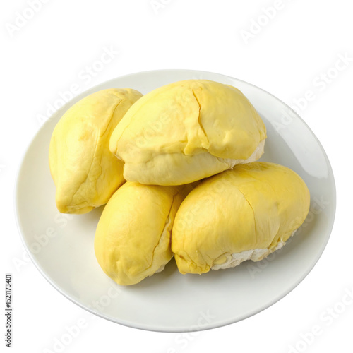 Fresh durian pieces white plate, showcasing their creamy texture