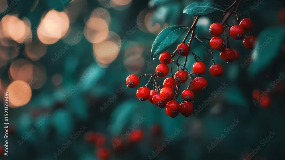 Branch with bright red berries in focus, soft dreamy bokeh background with warm and cool tones. Branch with bright red berries in focus, soft dreamy bokeh background with warm and cool tones.
