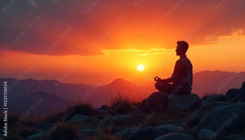 Obraz premium Silhouette of a lone figure meditating at sunset, feeling a profound sense of spiritual isolation and inner peace amidst vast, empty landscape , disconnect from world, emptiness