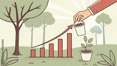 Illustration depicting financial growth with a bar graph and a hand watering a plant in a pot outdoors