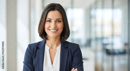 A confident woman in business attire radiates success, poised with arms crossed. The background blurs into a sense of a modern office. 
