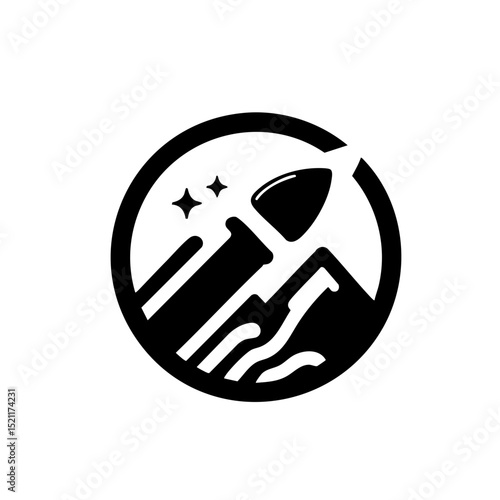 Graphic rocket and mountain logo in black and white symbolizing ambition and achievement with copy space