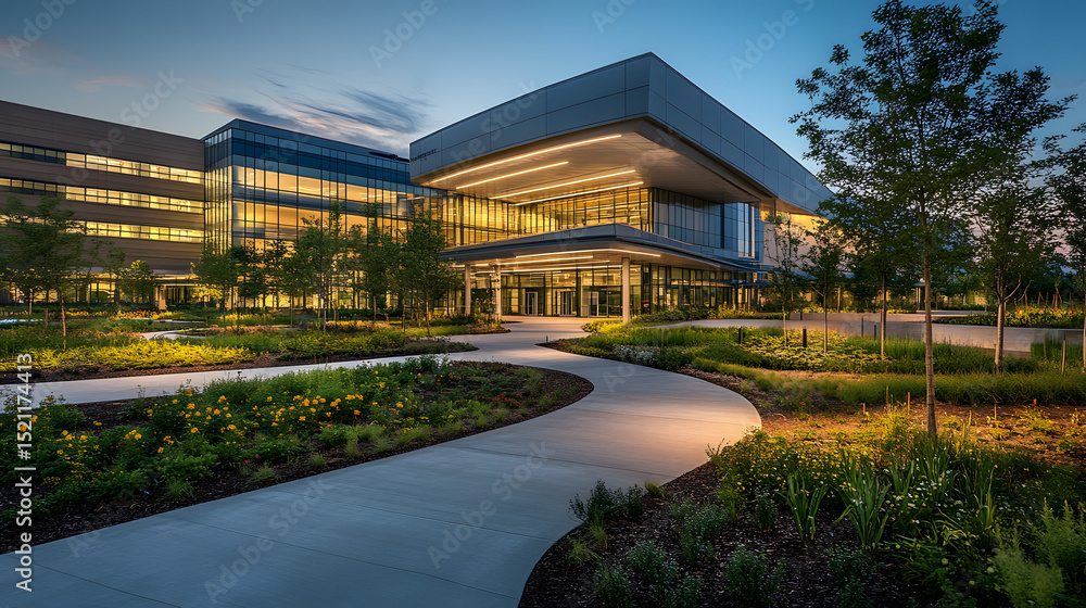 Fototapeta premium Modern medical center building illuminated at twilight with landscaping