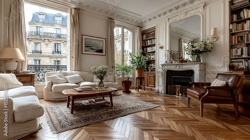 Sunlit Parisian Apartment: A cozy living room with herringbone floors, elegant molding, and views of charming cityscapes. Comfort & style meet.