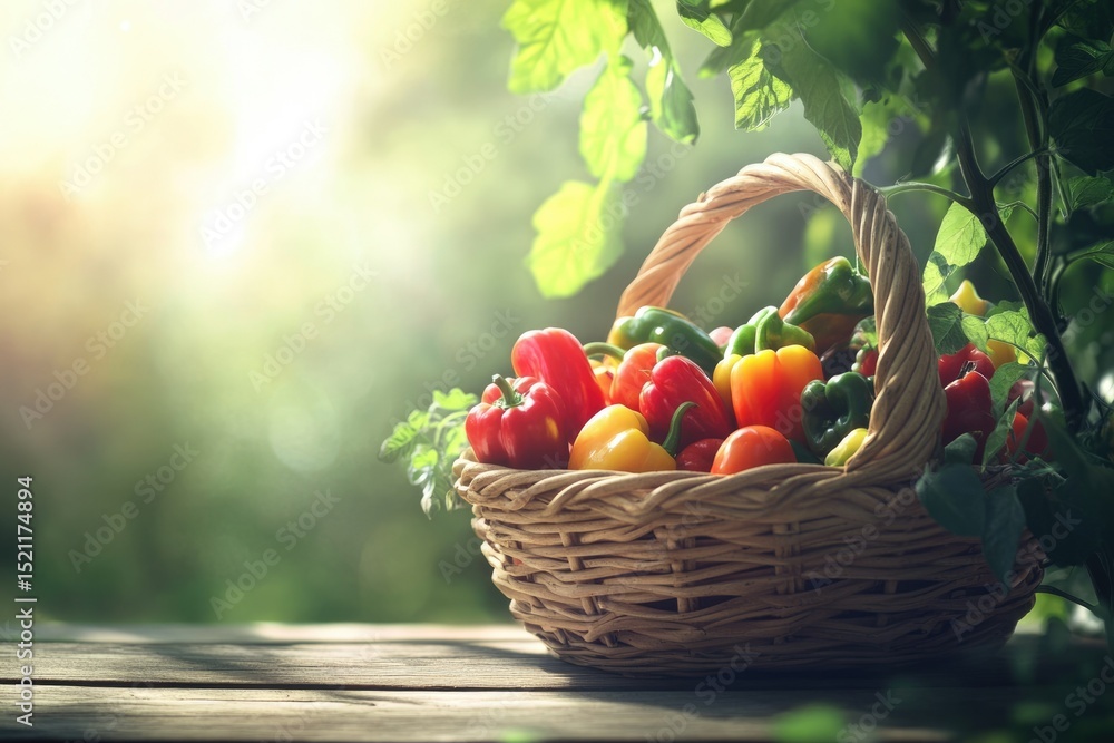 A wicker basket brimming with vibrant, freshly harvested bell peppers of various colors sits outdoors in sunlight. A wicker basket brimming with vibrant, freshly harvested bell peppers of various colors sits outdoors in sunlight.