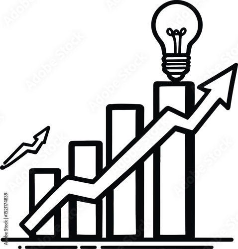 Outline Illustration of a Bar Graph with an Upward Trending Arrow and a Lightbulb on the Tallest Bar, Representing Growth and Innovation