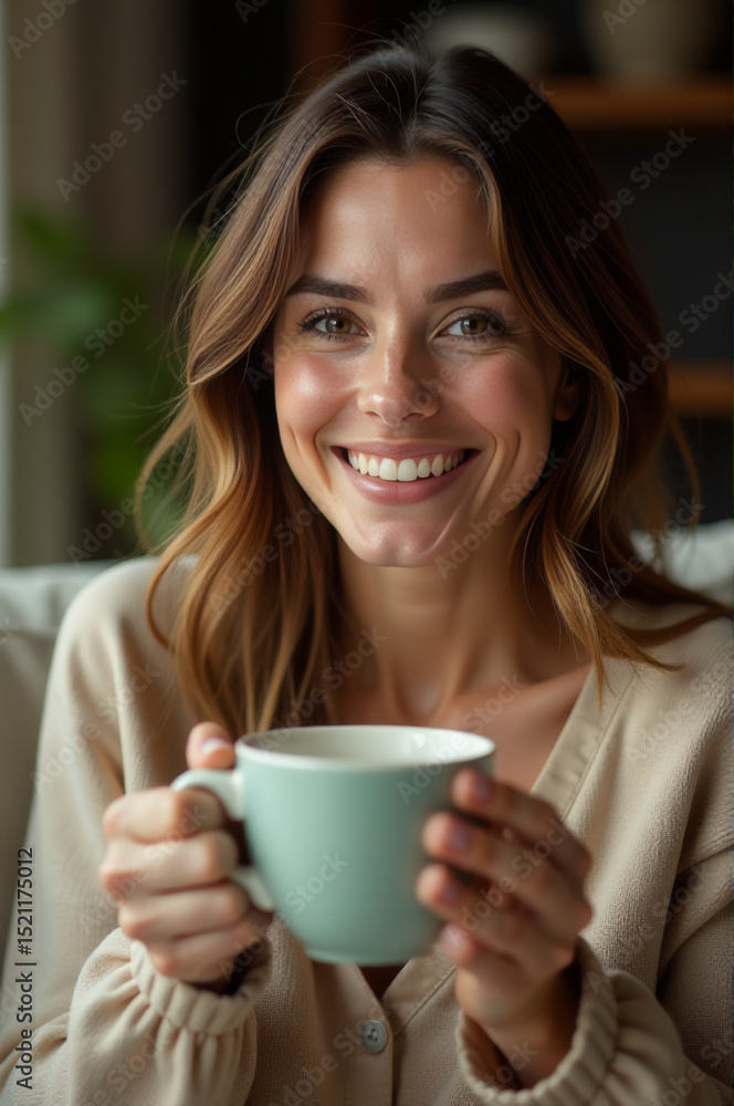 A smiling woman holding a cup of coffee, great for office or cafe scenes A smiling woman holding a cup of coffee, great for office or cafe scenes