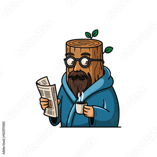 Tree stump reading newspaper with coffee cup cartoon character vector illustration