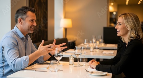 Romantic dinner date: A man and woman enjoy a conversation over dinner at a restaurant.
