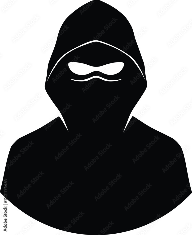 Solid Black Silhouette of a Figure in a Hooded Garment with a Concealed Face, Representing Hacker or Anonymity Solid Black Silhouette of a Figure in a Hooded Garment with a Concealed Face, Representing Hacker or Anonymity