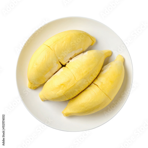 Fresh durian pieces on white plate, exotic and aromatic