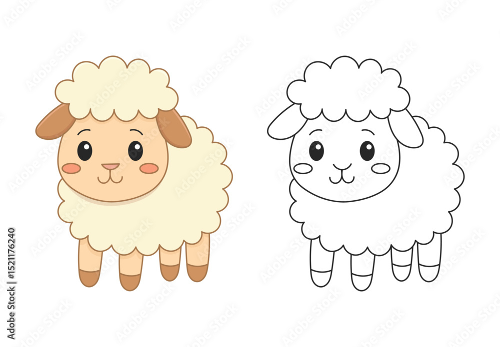 Obraz premium Adorable sheep coloring page for kids. Easy outline to color, perfect for toddlers and preschoolers. Printable farm animal learning activity.