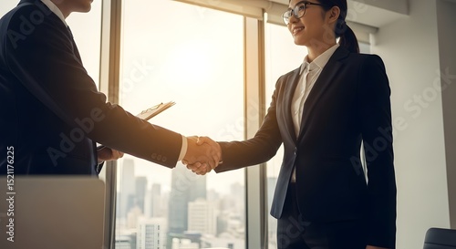 Two business professionals in a modern office suite, shaking hands in agreement and sealed a deal, demonstrating a commitment to collaboration.