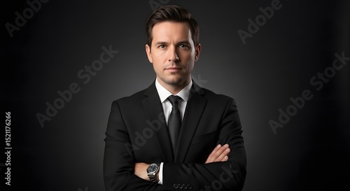 A composed professional in a sleek black suit exudes confidence and authority, his arms crossed, embodying a powerful presence with a focus gaze.