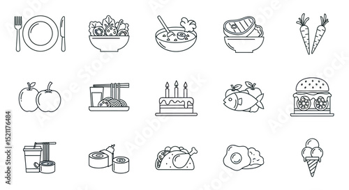 Food icons set with plate salad soup steak carrot apple noodles cake fish burger drink sushi taco egg ice cream
