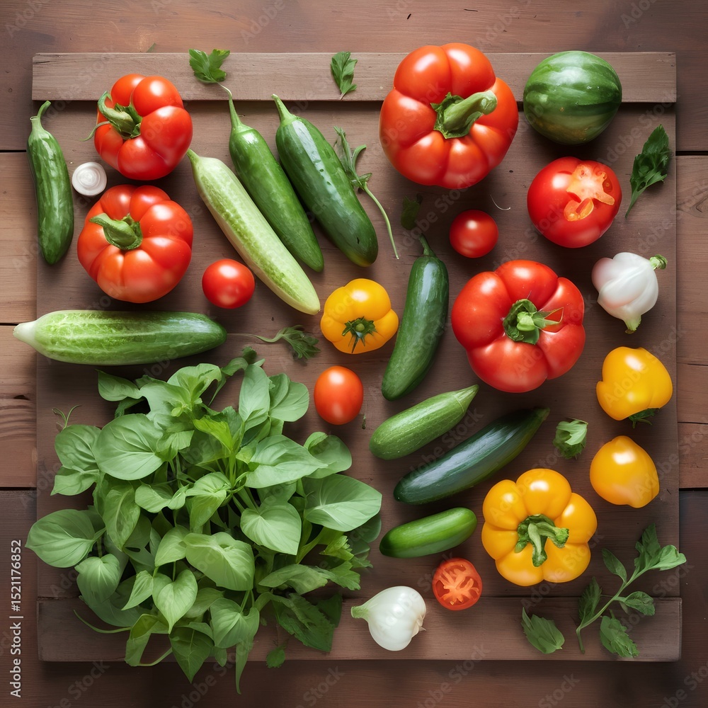 Watercolor flat lay of fresh summer vegetables on rustic table, vibrant and natural, ideal for food, health, nutrition, and lifestyle projects Watercolor flat lay of fresh summer vegetables on rustic table, vibrant and natural, ideal for food, health, nutrition, and lifestyle projects
