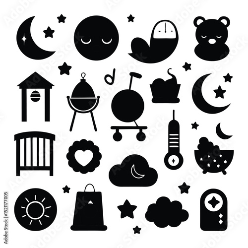 Nighttime Baby Sleep and Dream Icons – Moon, Stars, Toys, Music, Beds, and Goodnight Symbols