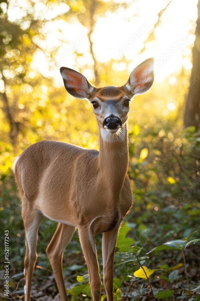 Fototapeta premium Young deer in forest at golden hour