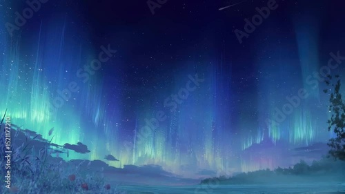 Wallpaper Mural Northern Night sky lights filled with Aurora Borealis with mountain landscape view in anime or cartoon illustration style animation looping background Torontodigital.ca