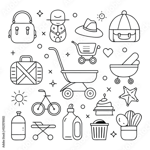 Baby Travel and Essentials Icons – Diaper Bag, Stroller, Bib, Rattle, Milk Bottle, Baby Toys Vector Pack