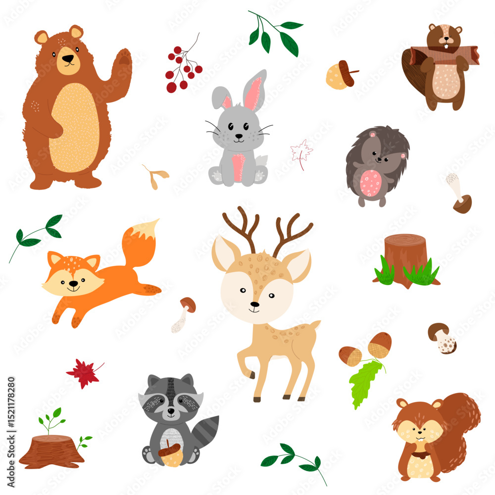 Naklejka premium Set of cute forest animals bear, fox, squirrel, hedgehog, hare, raccoon in cartoon style with trendy textures on white background. Autumn leaves, mushrooms, viburnum, acorn, nuts